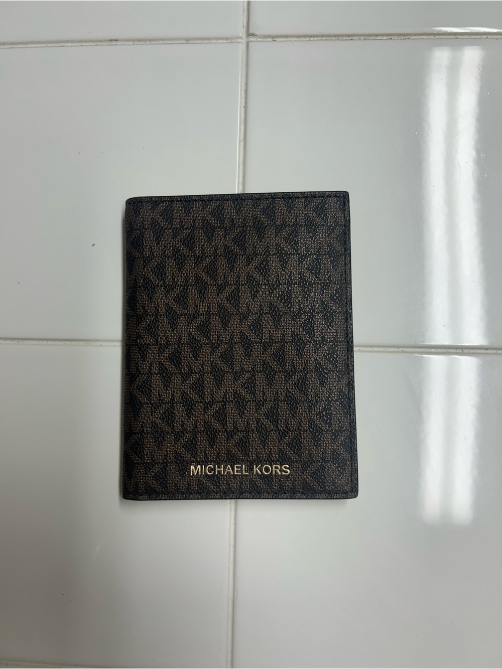 Michael Kors Brown Monogram Passport/Card Holder with Gold Logo